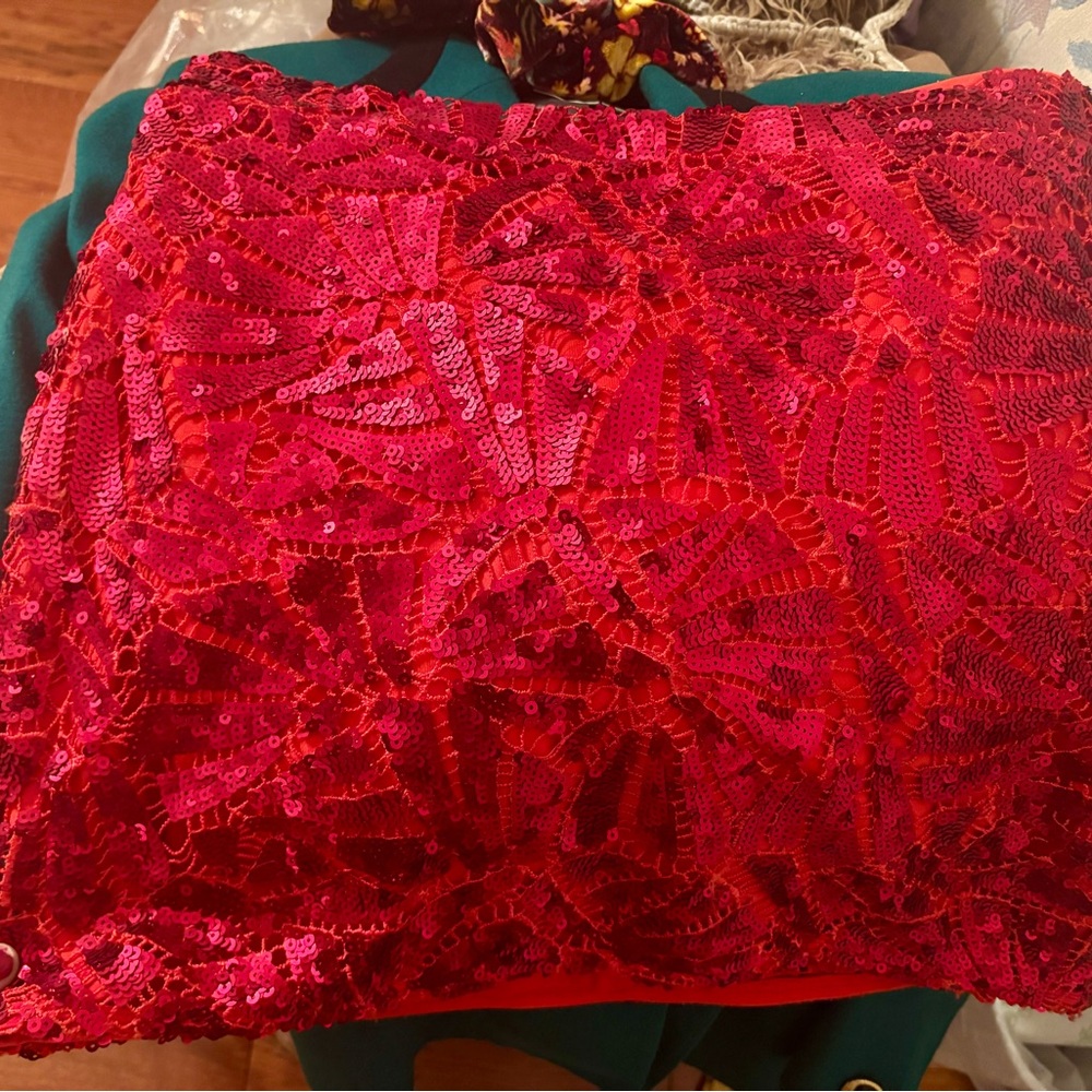 Like New Red Sequin Intricate Lace Mini Zip back Skirt